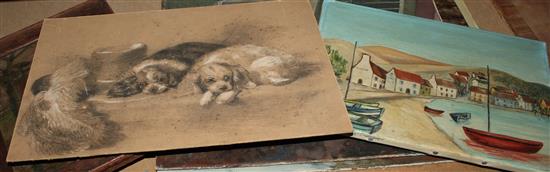 8 oils on board and a charcoal of dogs
